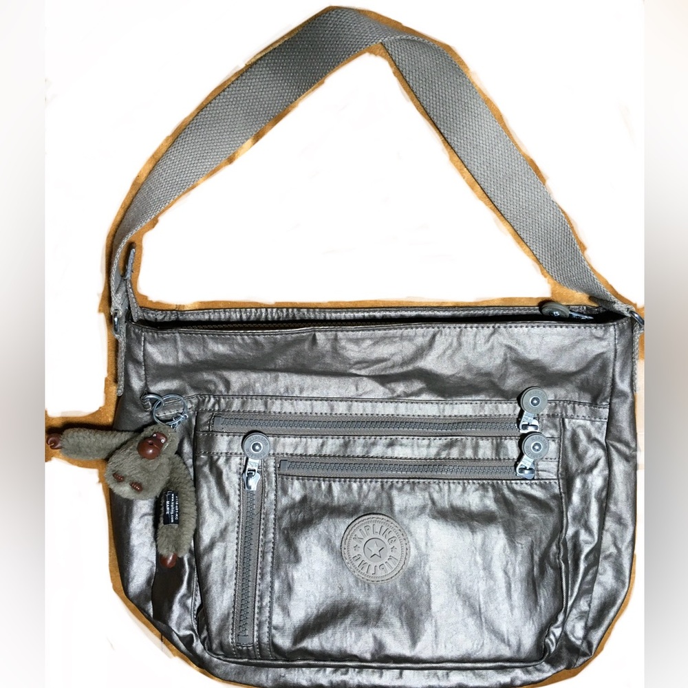 Kipling Shoulder Bag w/Monkey Charm Keychain Metallic Gunmetal Gray